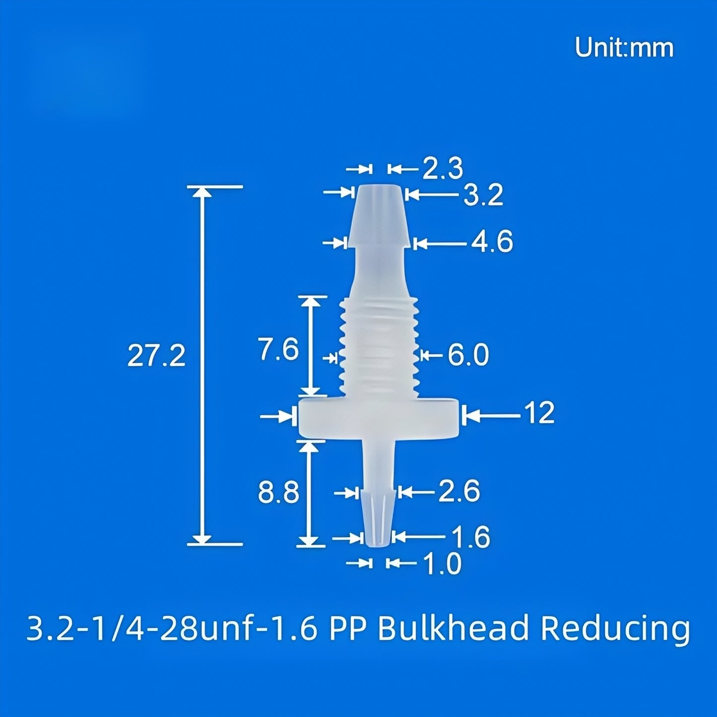1/4-28UNF Reducing Barbed Bulkhead Fitting PP 3.2mm to 1.6mm Tubing Panel Mount
