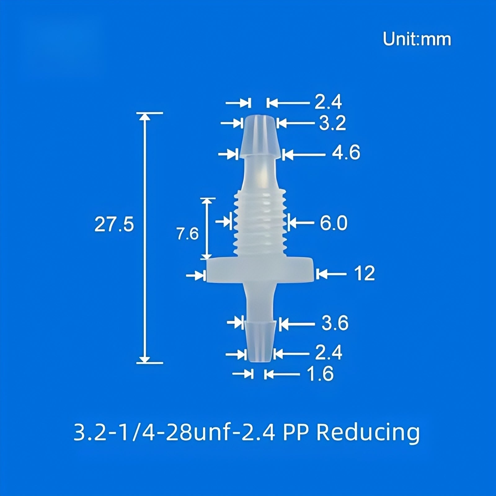 PP Reducing Barbed Bulkhead Fitting 1/4-28UNF 3.2mm to 2.4mm Panel Mount Connector
