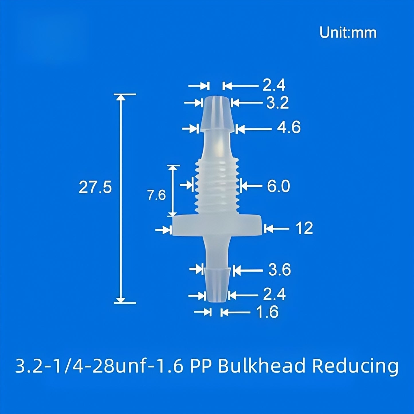 1/4-28UNF Reducing Barbed Bulkhead Fitting PP 3.2mm to 2.4mm Tubing Panel Mount
