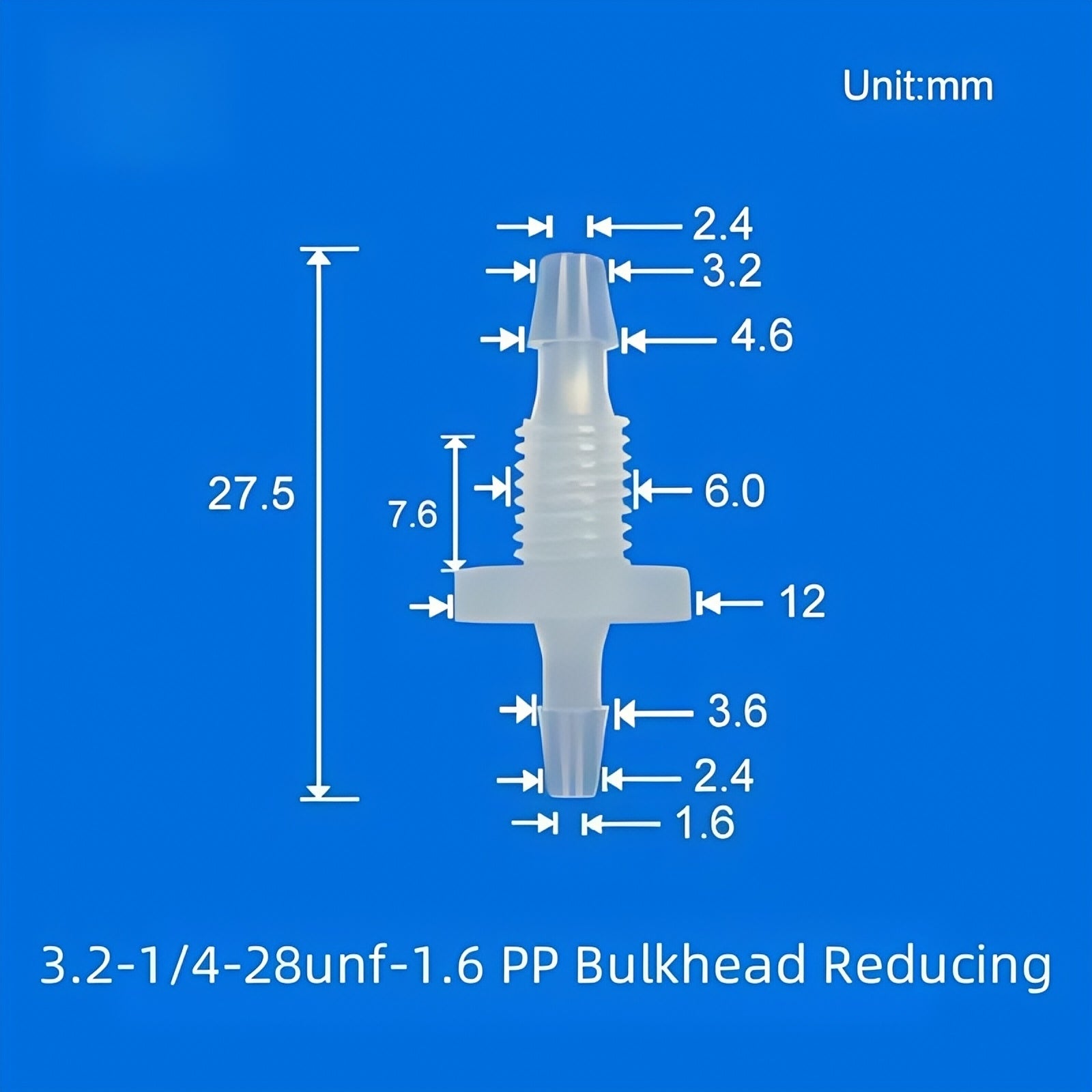1/4-28UNF Reducing Barbed Bulkhead Fitting PP 3.2mm to 2.4mm Tubing Panel Mount
