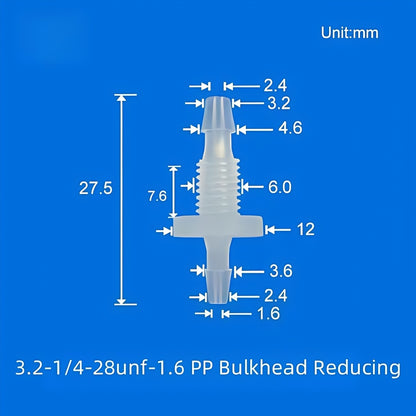 1/4-28UNF Reducing Barbed Bulkhead Fitting PP 3.2mm to 2.4mm Tubing Panel Mount
