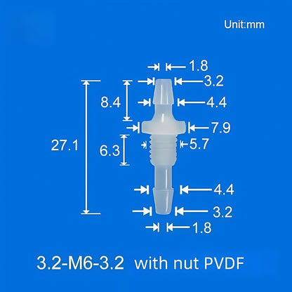 100/pk Bulkhead Barb Adapter with Thread M6, M8 Options, Plastic, Panel Mounting