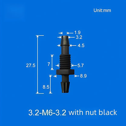 100/pk Bulkhead Barb Adapter with Thread M6, M8 Options, Plastic, Panel Mounting