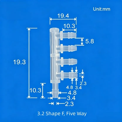 3.2mm F-Shape Five-Way Plastic Barb Fitting - Multi-Port Tube Connector
