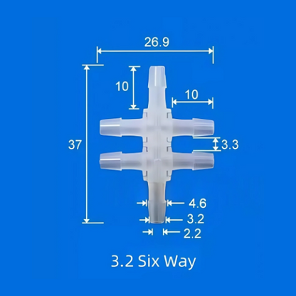 3.2mm Six-Way Barb Fitting - Plastic Multi-Port Tube Splitter Connector
