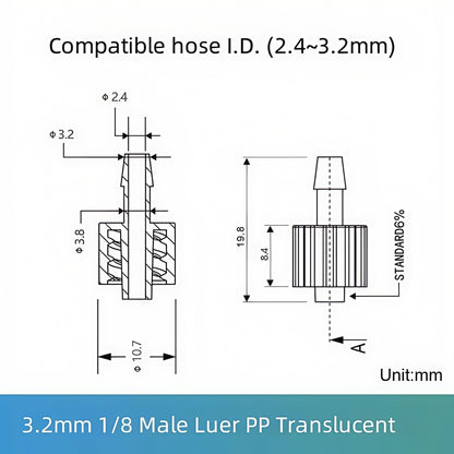Food Grade PP Male Luer Lock Fittings,Female Luer Connectors 1/16 1/8 5/32 1/4