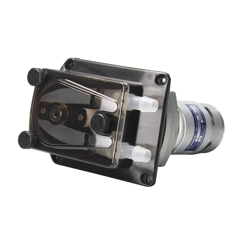 304K OEM Peristaltic Pump with DC geared motor, transparent pump casing showing dual tube outlets, for detergent dispensing and laboratory use
