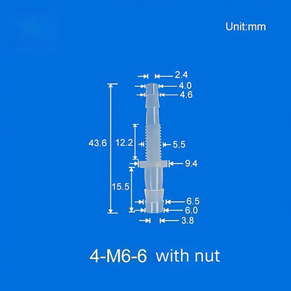 100/pk Bulkhead Barb Adapter with Thread M6, M8 Options, Plastic, Panel Mounting