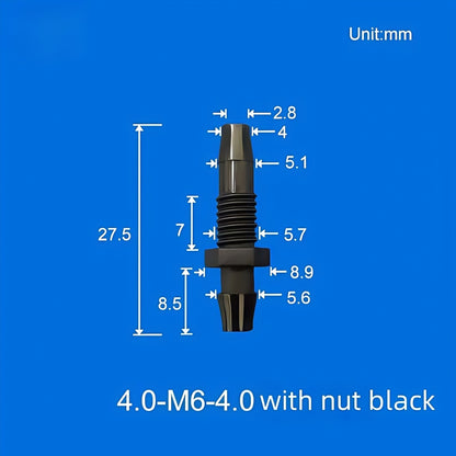 100/pk Bulkhead Barb Adapter with Thread M6, M8 Options, Plastic, Panel Mounting