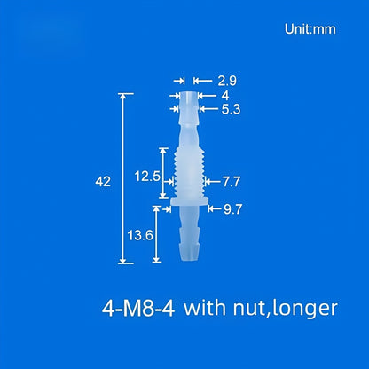 100/pk Bulkhead Barb Adapter with Thread M6, M8 Options, Plastic, Panel Mounting
