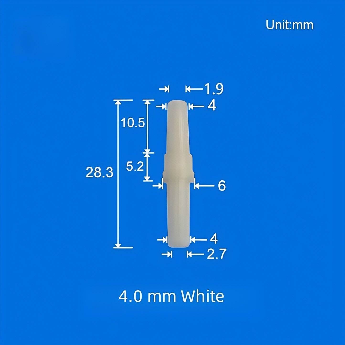 4.0mm White Luer Lock Tube Barb Fitting – Opaque PC Connector, 28.3mm Length with Detailed Dimensions
