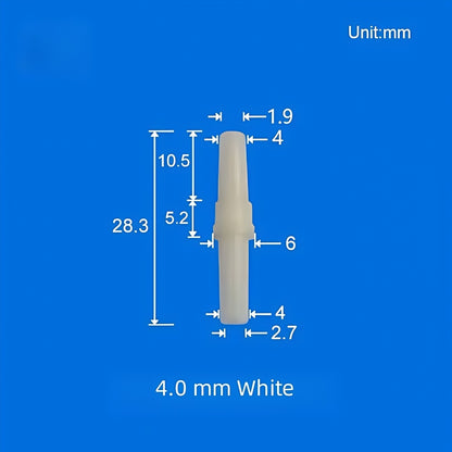 4.0mm White Luer Lock Tube Barb Fitting – Opaque PC Connector, 28.3mm Length with Detailed Dimensions
