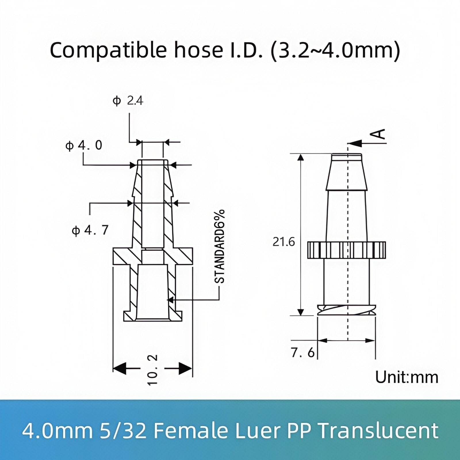 5/32 inch (4.0mm) Female Luer Lock Connector PP Translucent - Food Grade Barbed Tube Fitting
