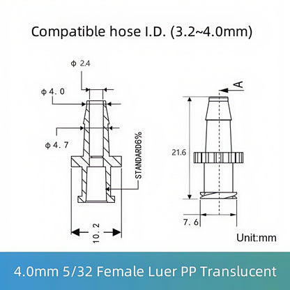 5/32 inch (4.0mm) Female Luer Lock Connector PP Translucent - Food Grade Barbed Tube Fitting
