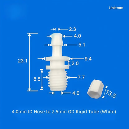 Dimension diagram of PP barb adapter, 2-3mm ID hose to 3.0mm OD rigid tube, translucent PP
