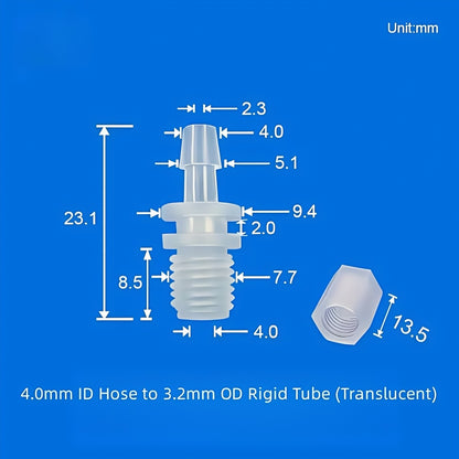 PP adapter size chart, 4.0mm ID hose to 3.2mm OD rigid tube, translucent, threaded barb fitting
