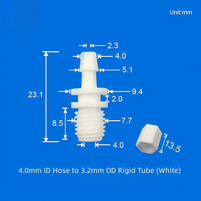 Technical spec image of PP adapter, 4.0mm ID hose to 3.2mm OD rigid tube, white PP material
