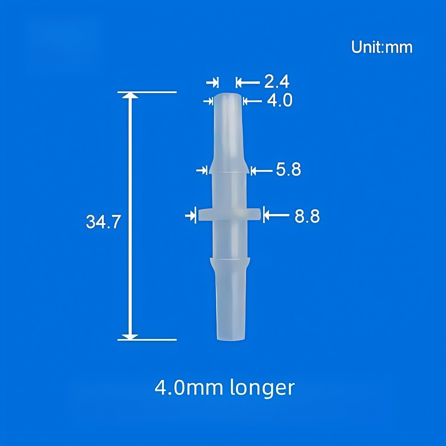 4.0mm Long Luer Lock Fitting – Food Grade PC Tube Connector, 34.7mm Extended Length with Size Specifications
