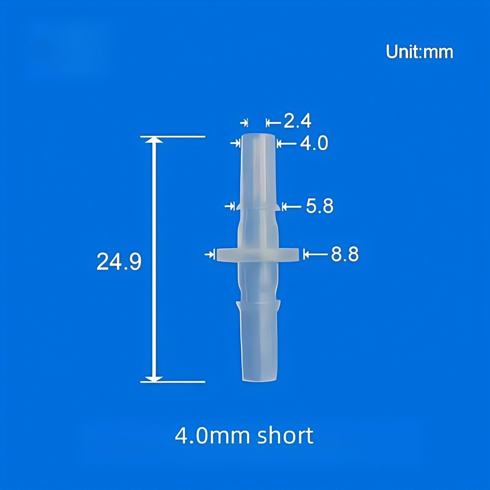 4.0mm Short Luer Lock Fitting – PC Polycarbonate Tube Connector, 24.9mm Length, Compact Design with Dimensions
