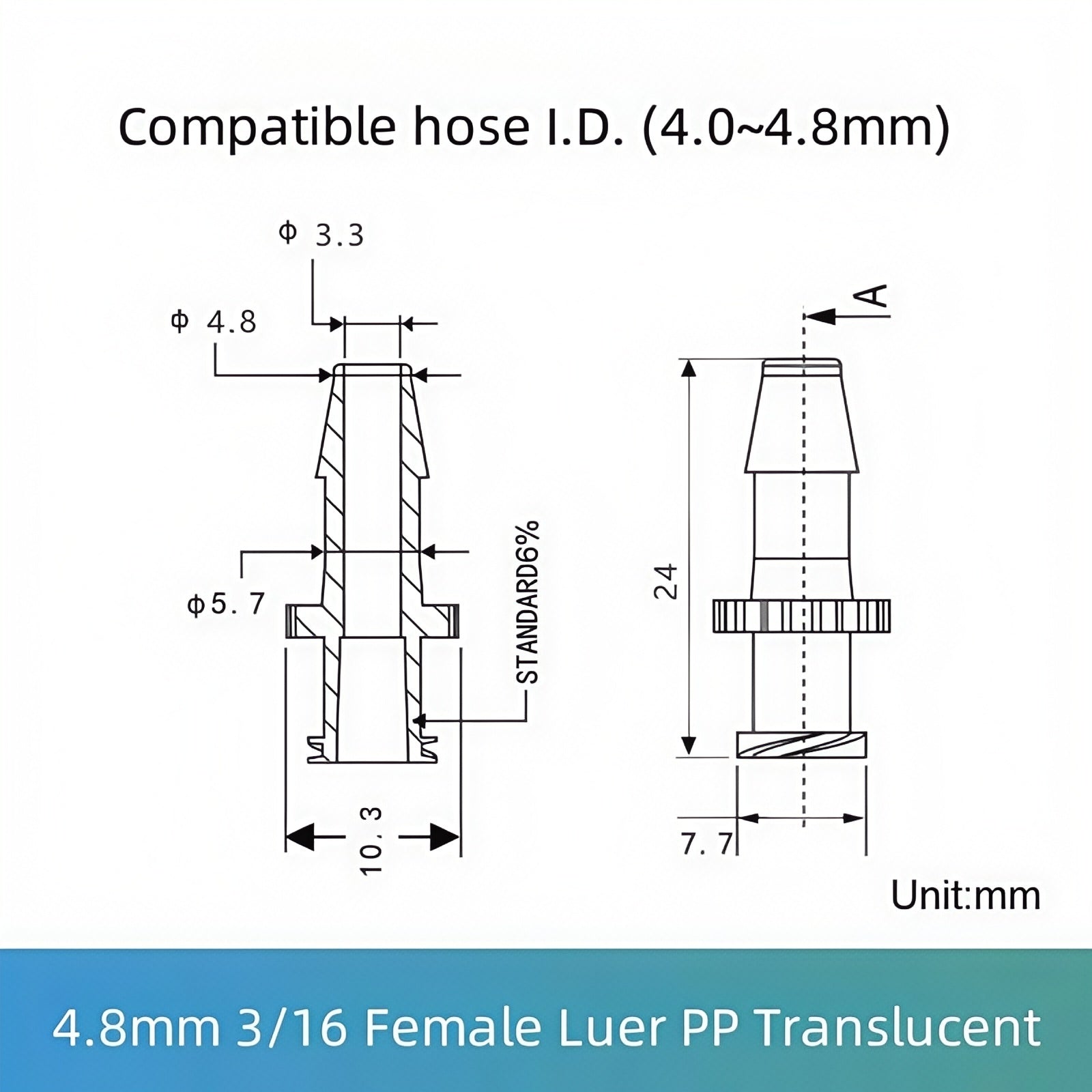 3/16 inch (4.8mm) Female Luer Lock Connector PP Translucent - Food Grade Barbed Tube Fitting

