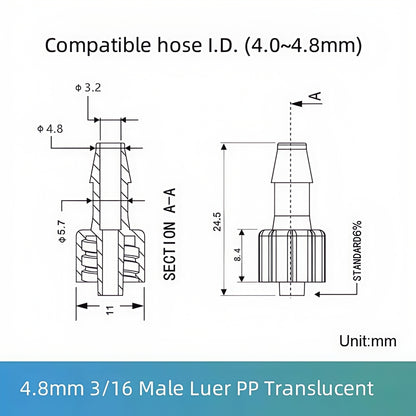 Food Grade PP Male Luer Lock Fittings,Female Luer Connectors 1/16 1/8 5/32 1/4