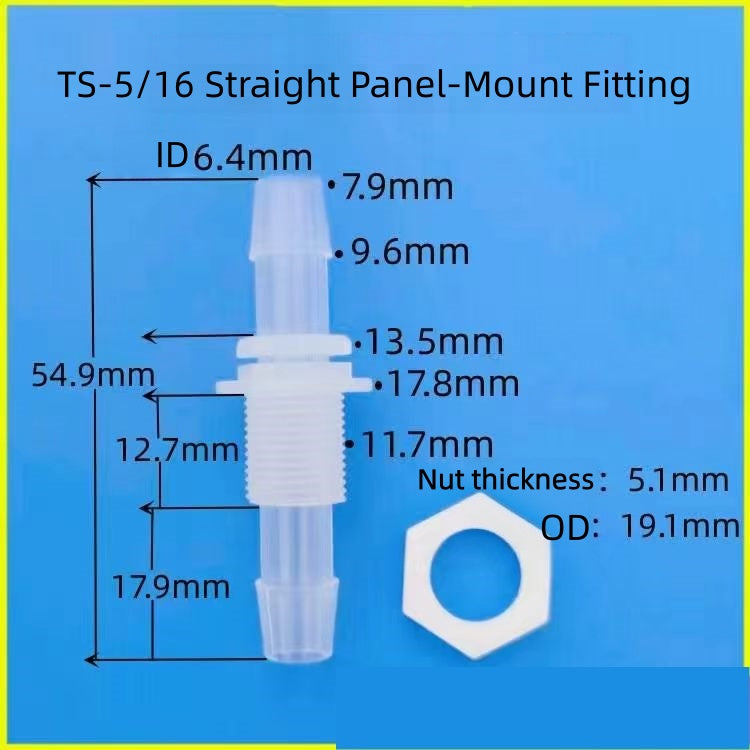 5/16 Inch Barbed Bulkhead Hose Fitting Panel-Mount Connector Food-Grade PP
