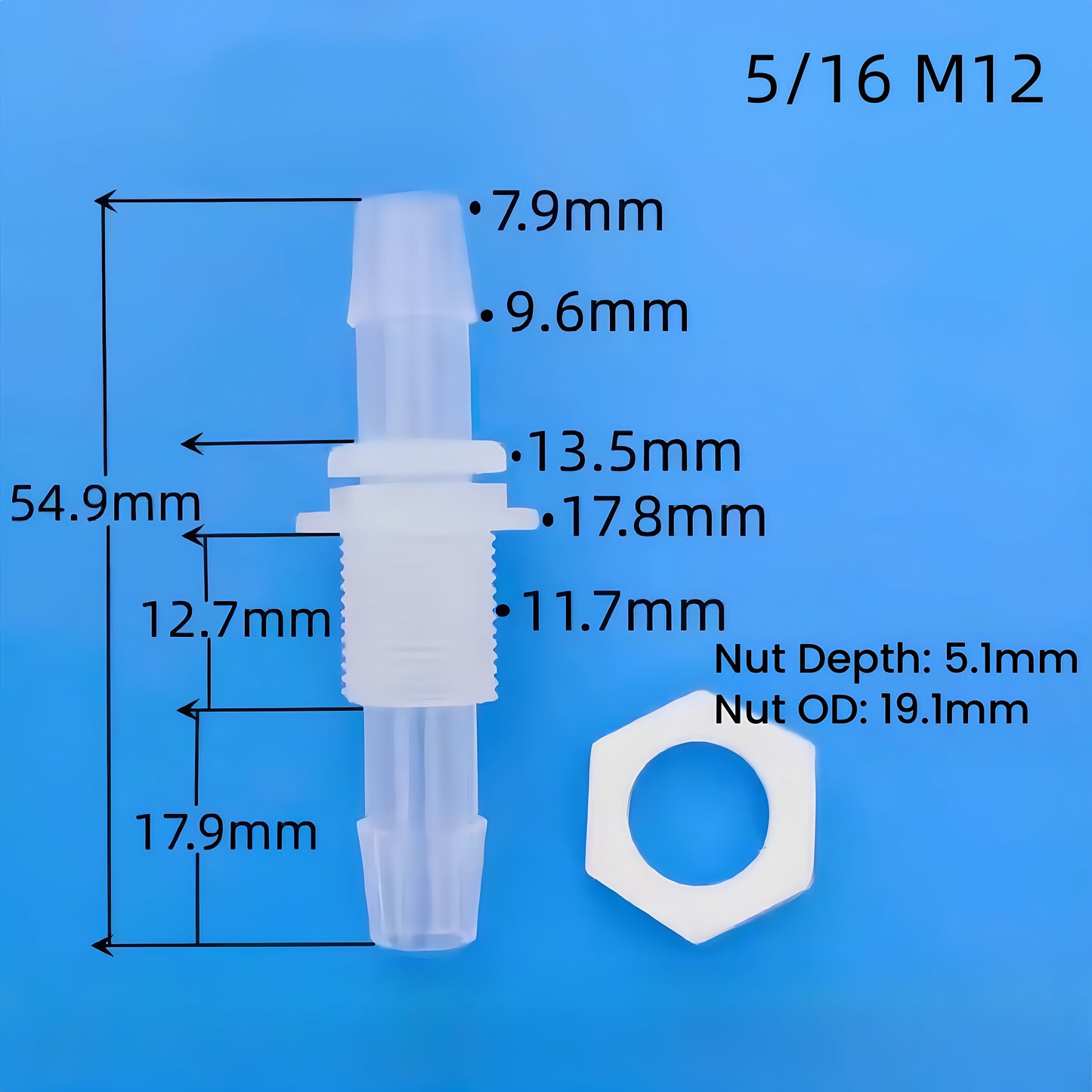 Barbed Bulkhead Hose Fitting — Panel-Mount Barbed Connector-Data Sheet (Food-Grade PP)