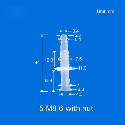 100/pk Bulkhead Barb Adapter with Thread M6, M8 Options, Plastic, Panel Mounting