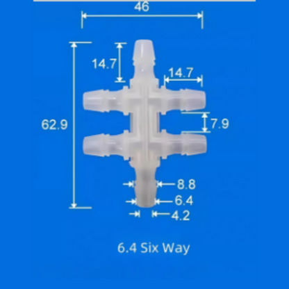 6.4mm Six-Way Plastic Barb Fitting - Large Bore Multi-Port Tube Connector
