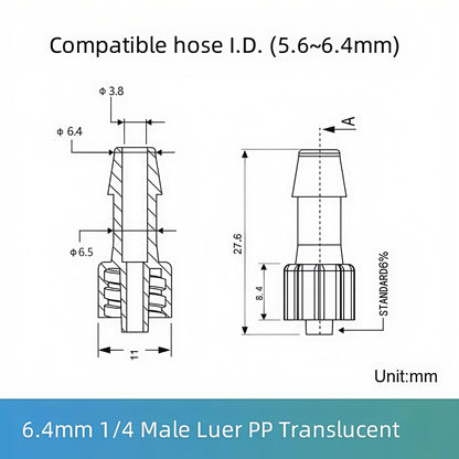 Food Grade PP Male Luer Lock Fittings,Female Luer Connectors 1/16 1/8 5/32 1/4