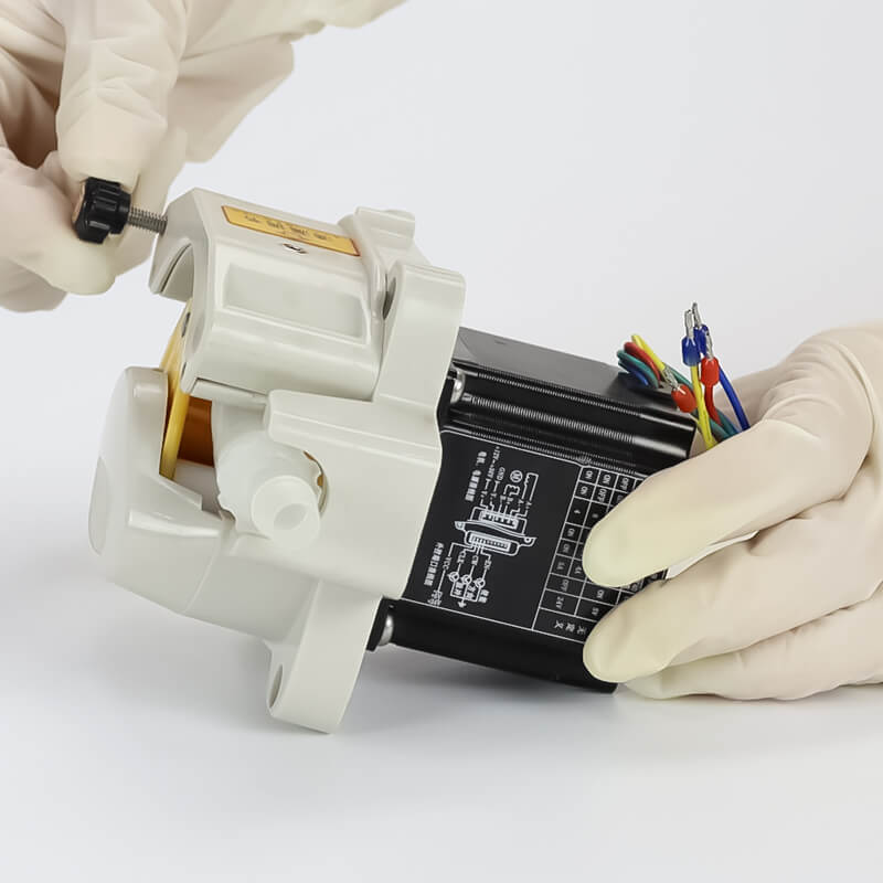 603Z OEM Peristaltic Pump Head Assembly – Technician Adjusting Stepper Motor Wiring with Gloves, Easy Installation
