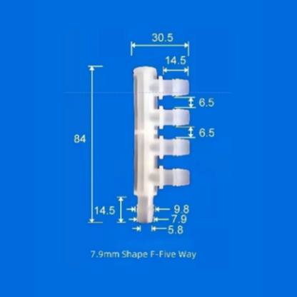 7.9mm F-Shape Five-Way Plastic Barb Fitting - Multi-Port Tube Connector
