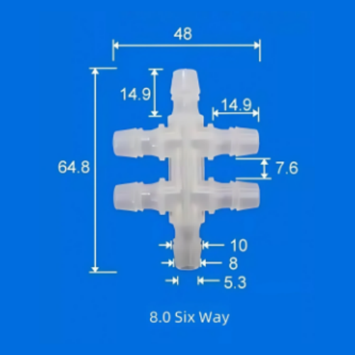 8.0mm Six-Way Plastic Barb Fitting - Heavy Duty Multi-Port Hose Connector
