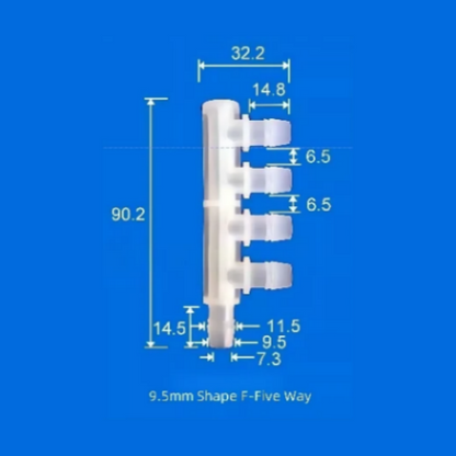9.5mm F-Shape Five-Way Plastic Barb Fitting - Large Bore Multi-Port Connector
