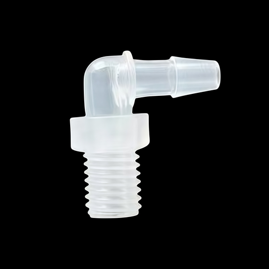 PP Plastic 90 Degree Male Thread to Hose Barb Elbow Fitting, Food-Grade Polypropylene Connector, Side View Showing Thread and Barb Structure
