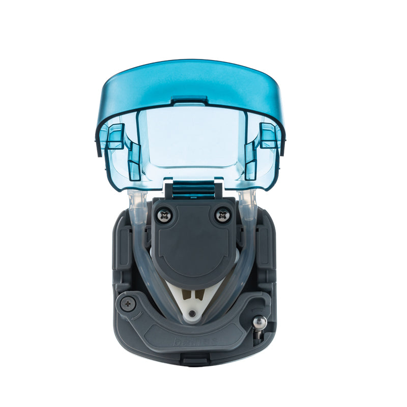 BP1000 peristaltic pump transparent blue pump head close-up showing internal rotor and tubing design
