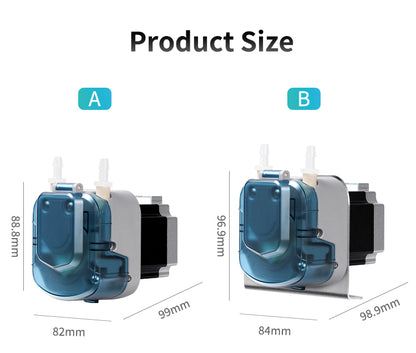 BP1000 peristaltic pump product size comparison chart showing dimensions of two pump models
