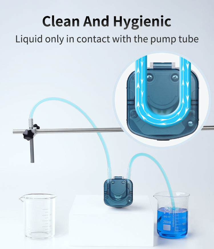 BP1000 peristaltic pump clean and hygienic fluid path design ideal for medical and food-grade liquid dispensing
