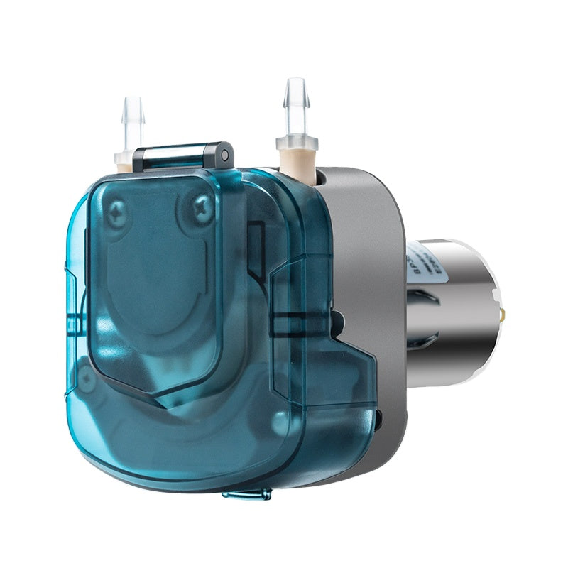 BP600 DC Motor Peristaltic Pump with transparent teal housing and stainless steel pump head, 500-660ml/min
