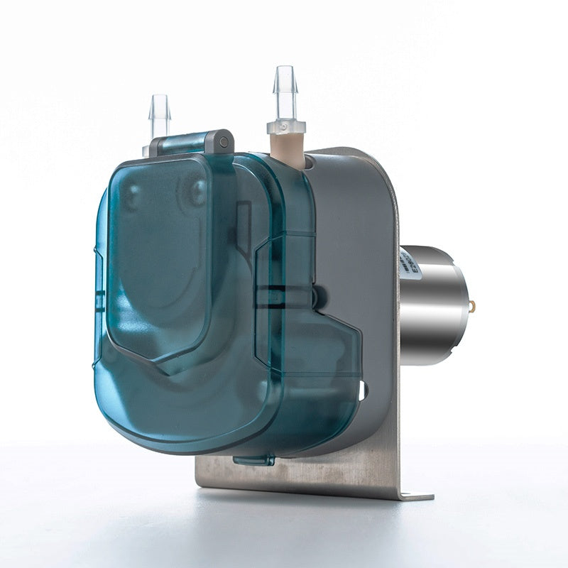 BP600 brushed DC peristaltic pump side angle view showing tube connectors and compact body design
