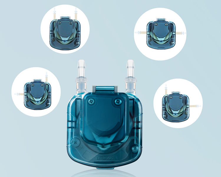 BP600 peristaltic pump port connectors close-up showing multiple tube fitting options for lab and industrial use
