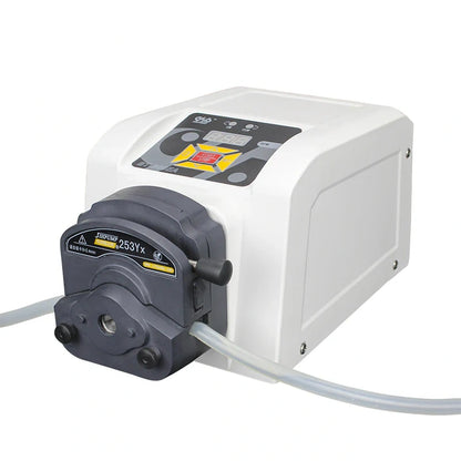 BT-100EA peristaltic pump with 253Yx pump head, gray housing, single channel silicone tubing, variable speed stepper motor pump
