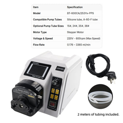 BT-600CA Intelligent Peristaltic Pump with 253Yx-PPS Pump Head, 220V 600RPM, Flow Rate 0.176-3365mL/min
