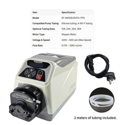 BT-600EB/253Yx-PPS Peristaltic Pump with Specification Sheet – Flow Rate 0.176~3365ml/min
