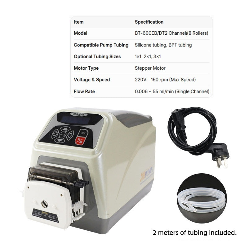 BT-600EB/DT 2-Channels 8-Roller Peristaltic Pump with Specification Sheet – 150RPM, 0.006~55ml/min

