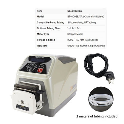 BT-600EB/DT 2-Channels 8-Roller Peristaltic Pump with Specification Sheet – 150RPM, 0.006~55ml/min
