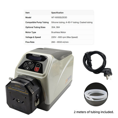 WT-600EB/253D Peristaltic Pump with Specification Sheet – High Flow Rate 260~6550ml/min
