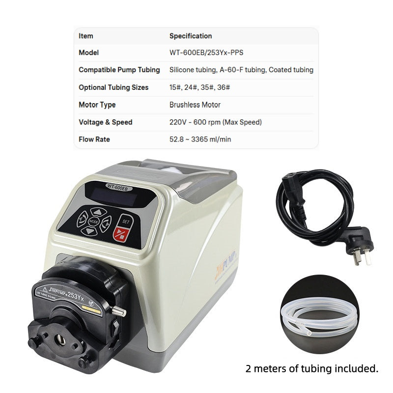 WT-600EB/253Yx-PPS Peristaltic Pump with Specification Sheet – Flow Rate 52.8~3365ml/min
