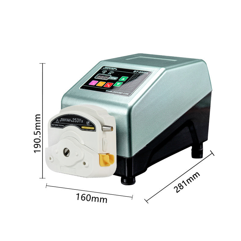 BT-600EL industrial peristaltic pump dimensions and technical parameters – IP54 rated, 0.1–600 rpm, brushless DC geared motor
