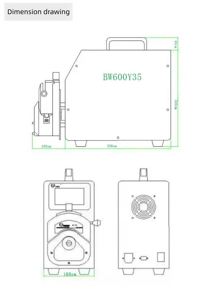 BW600Y35 Industrial Peristaltic Pump Dimension Drawing - Side Front and Rear View with Measurements 336x310x166mm
